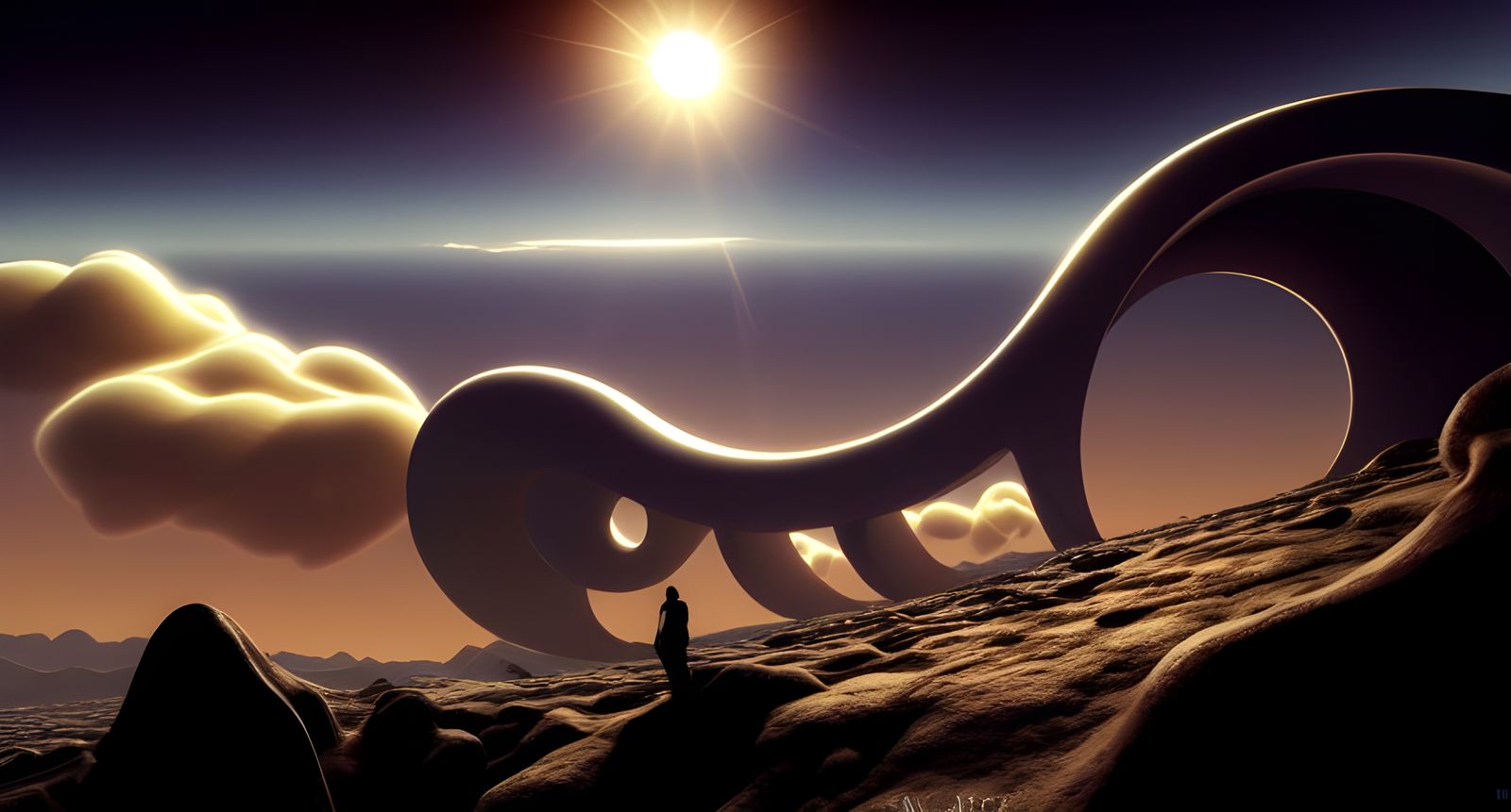 Surreal World Walker on Metal Arch, 3D Render