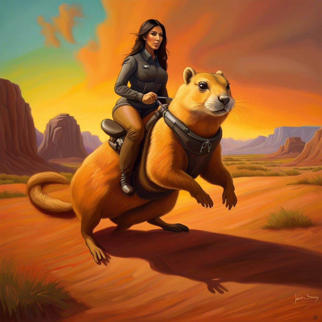 Kim Kardashian Rides Prairie Dog: Oil Painting
