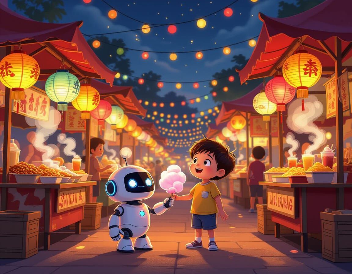 Festive Night Market Adventure with Robot Friend