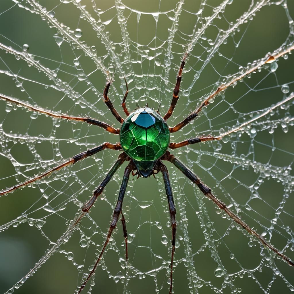 Emerald Spider on Dewy Web in Charcoal Drawing