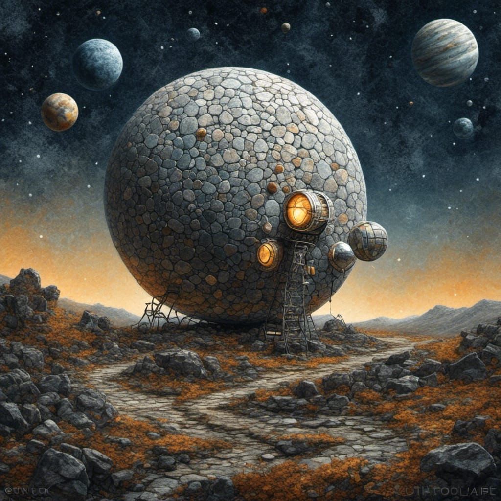 Rocket in Space Pebble Art Illustration