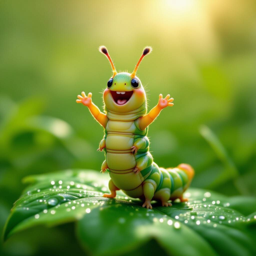 Joyful Caterpillar in Dewy Forest