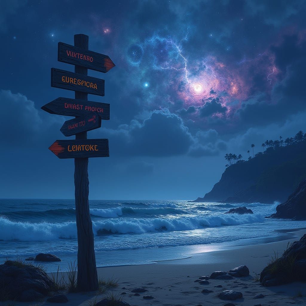 Hyper-Realistic Twilight Dreamscape with Enigmatic Signpost