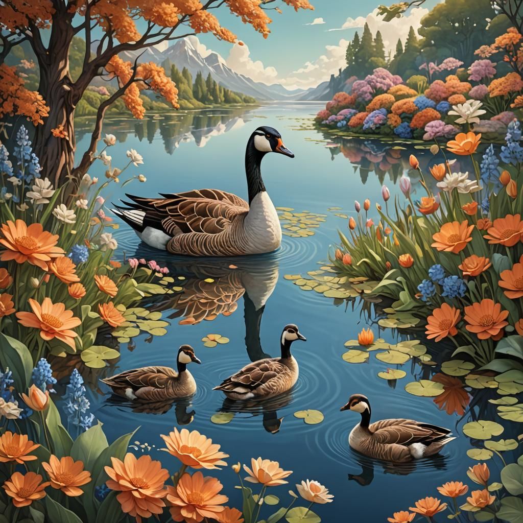 Serene Lake: Goose Family in Art Nouveau Style