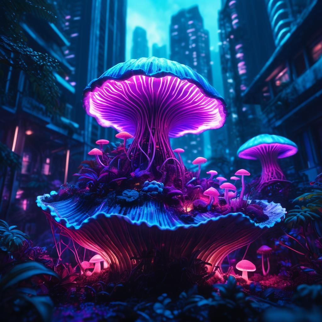 Cyberpunk City in Clamshell with Glowing Jungle