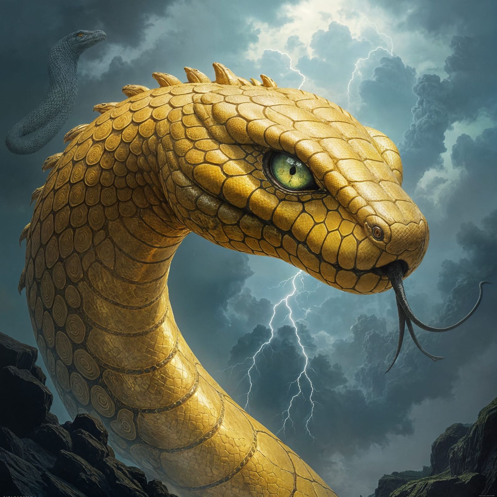 Glistening Golden Snake in Stormy Fantasy Art