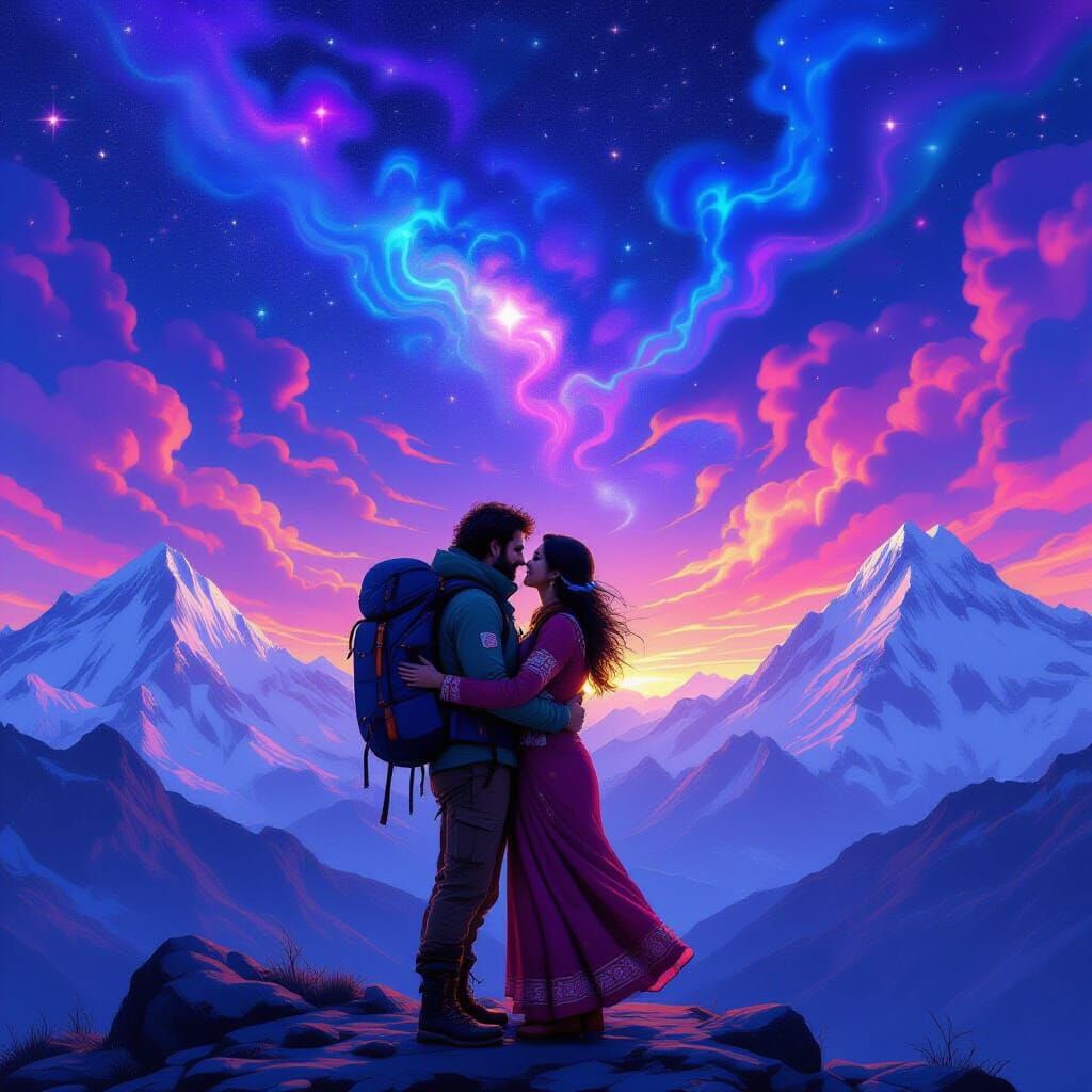Couple Embracing Under Psychedelic Starry Sky