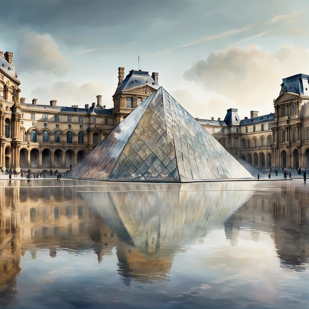 Louvre Museum in France, Watercolor Sketch