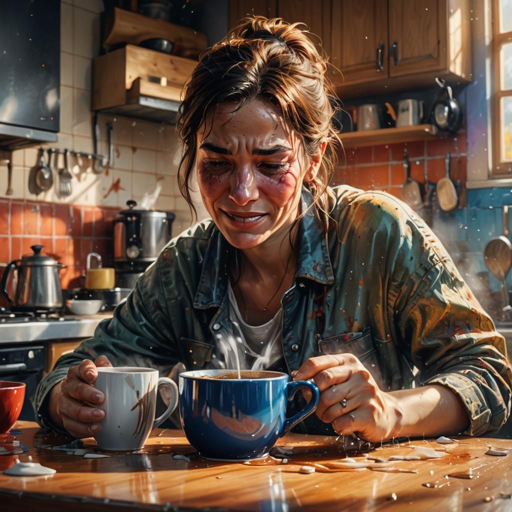 Emotional Woman with Mug: Hyperrealistic Digital Art