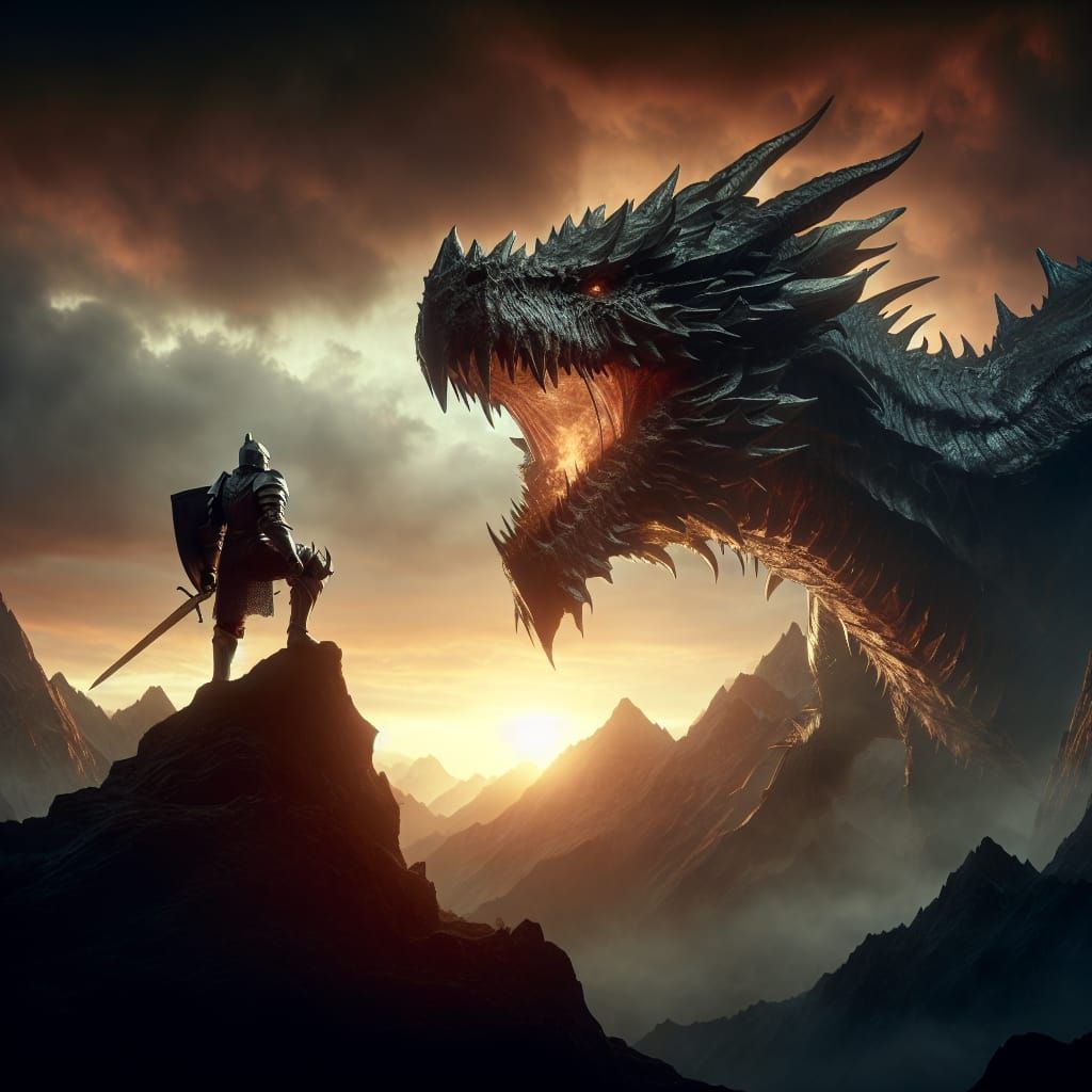 Knight and Dragon Clash on Mountain Peak