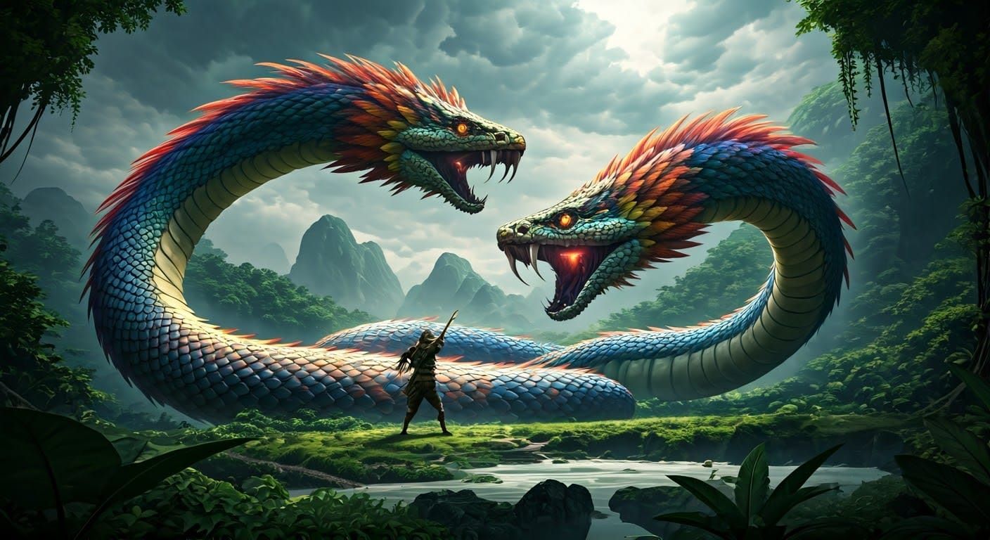 Jungle Warrior Versus Giant Feathered Serpent