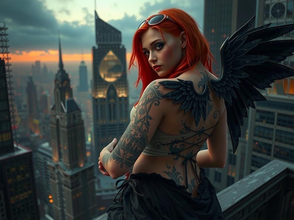 Gothic Vampire with Angel Wings in Metropolis