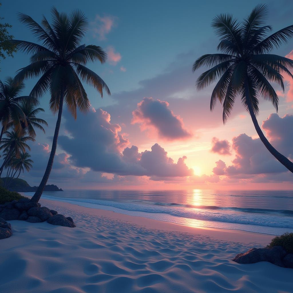 Serene Beach Scene at Dusk in Dreamlike Style