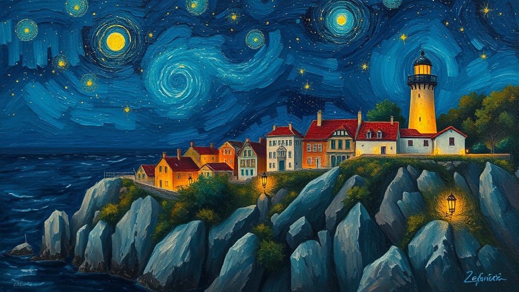 Warm Village Scene Under Starry Night Sky in Impressionist S...