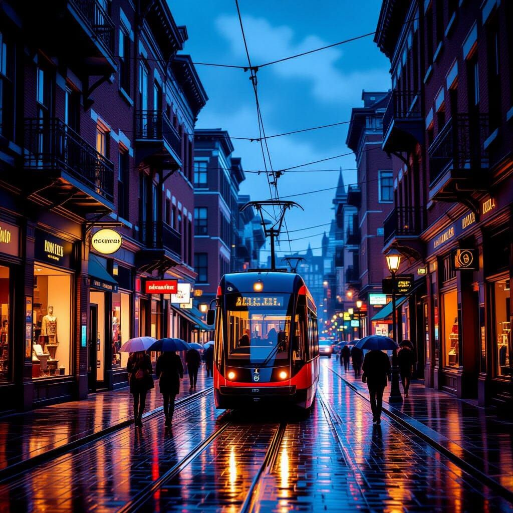 Boston's North End at Dusk with Modern Tram