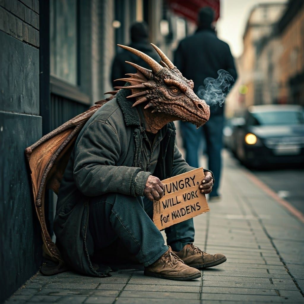 Homeless Dragon Begs for Maidens: Ultra-Detailed Photograph