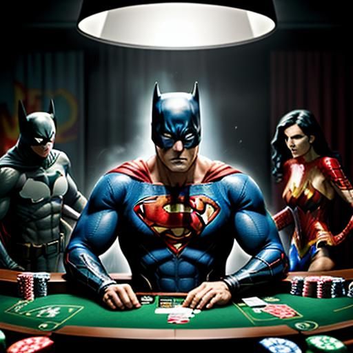 Superheroes Playing Poker with Dramatic Lighting
