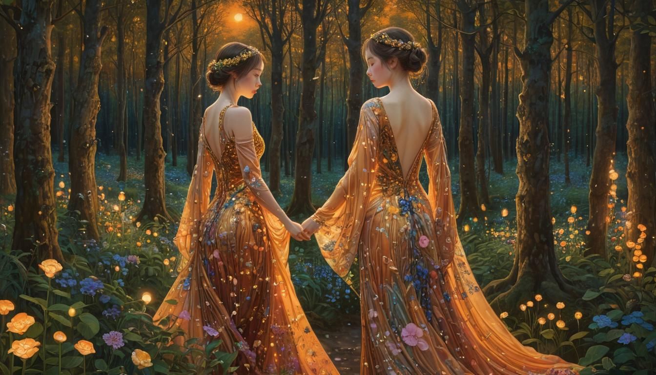 Sunset Woman in Enchanted Forest: Art Nouveau Style