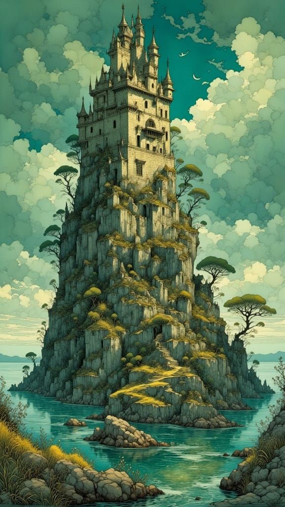 Fantastical Stone Wizard's Tower Amidst Ruins and Lakeside