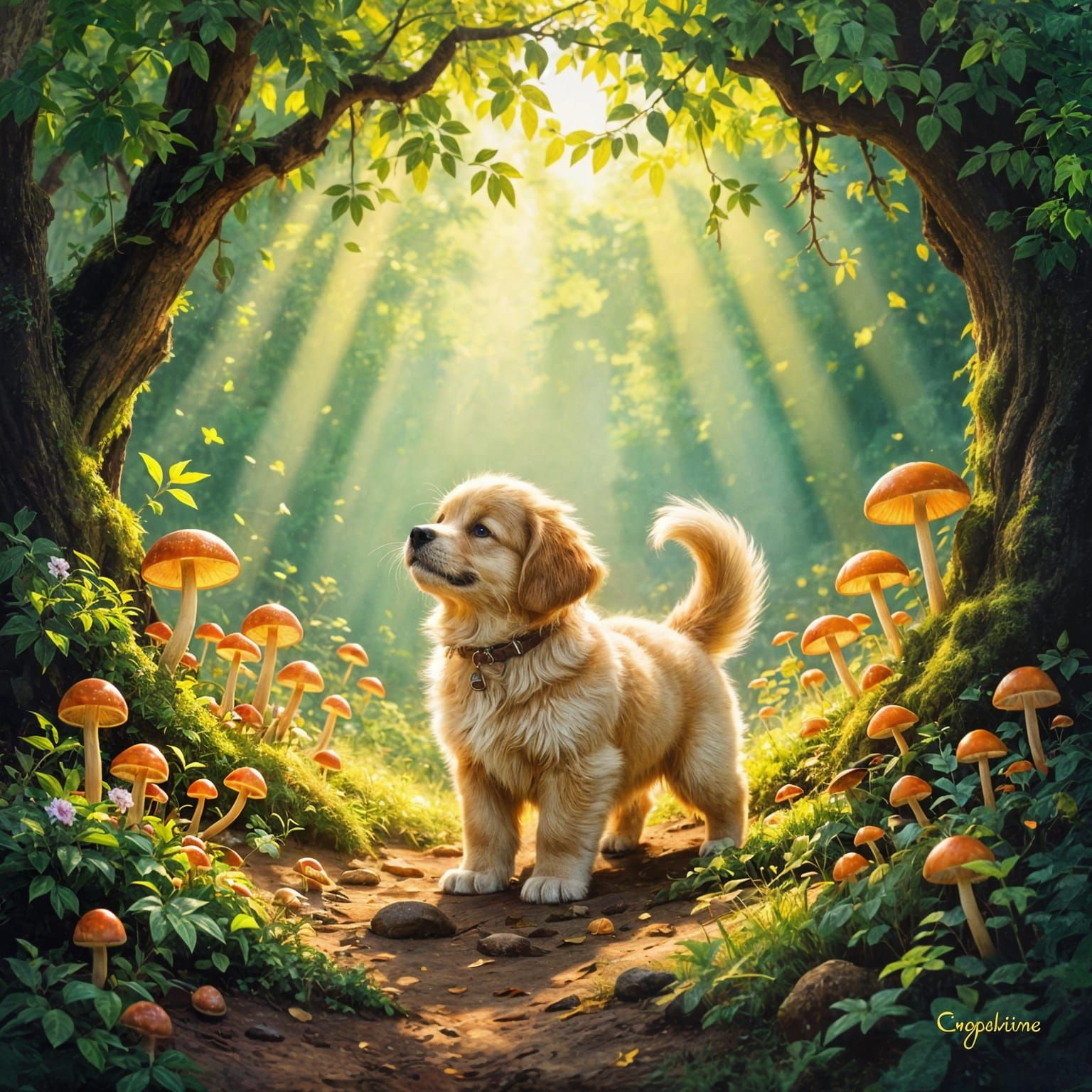 Golden Retriever Puppy Finds Enchanted Grove With Glowing Mu...