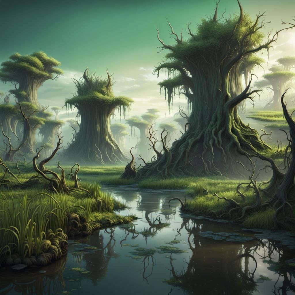 a swamp in a green sunrise