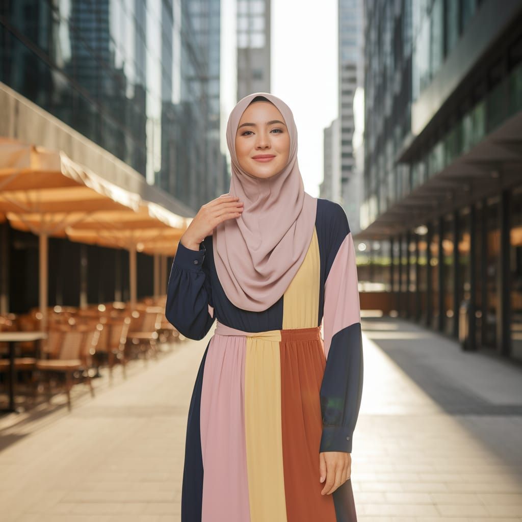 She wears a Hijab outfit from the Indonesian fashion style brand, featuring a mix of bold and pastel colours, flowing fa...