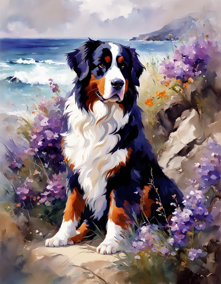 Bernese Mountain Dog with Ocean View