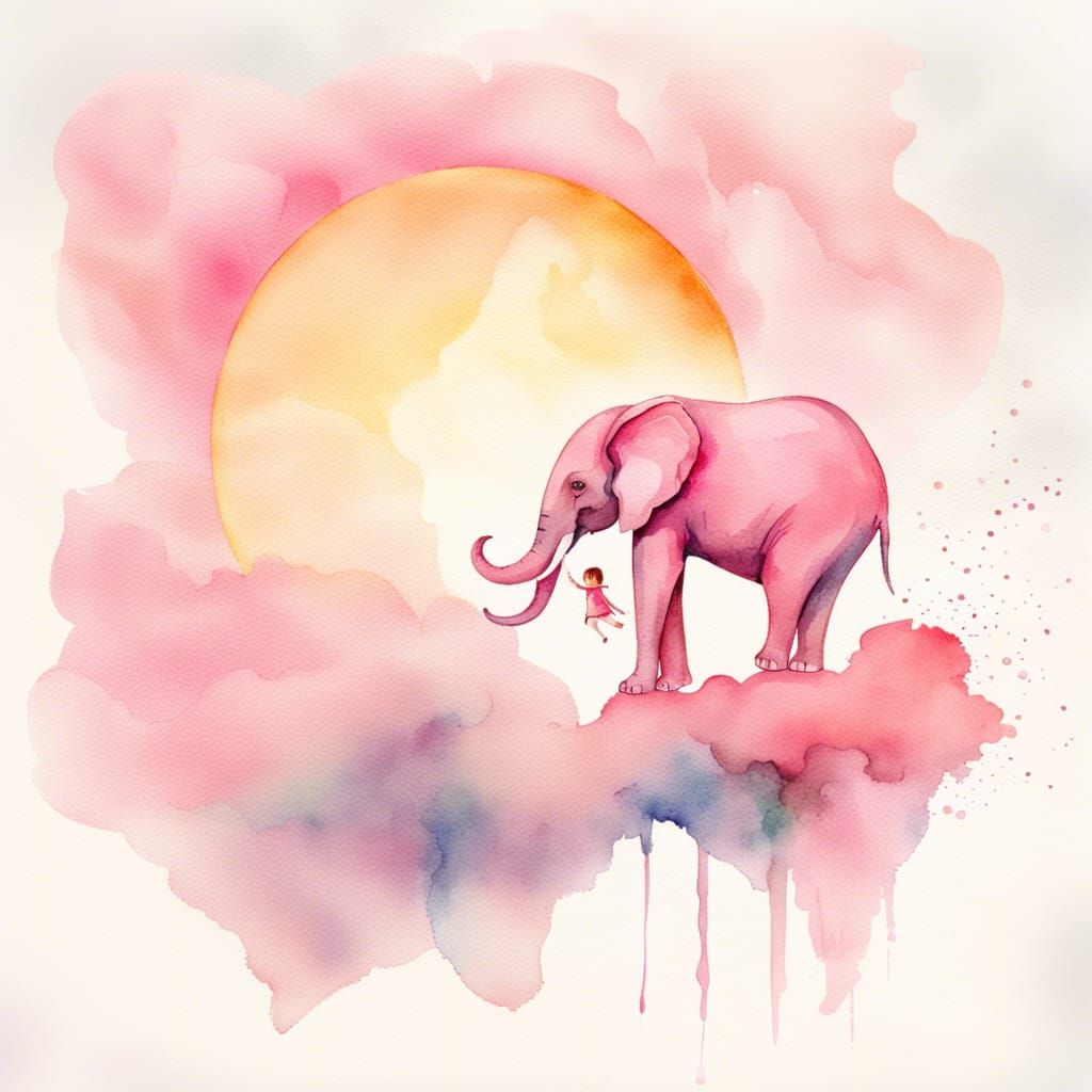 Watercolor Elephant and Girl in Pink Landscape