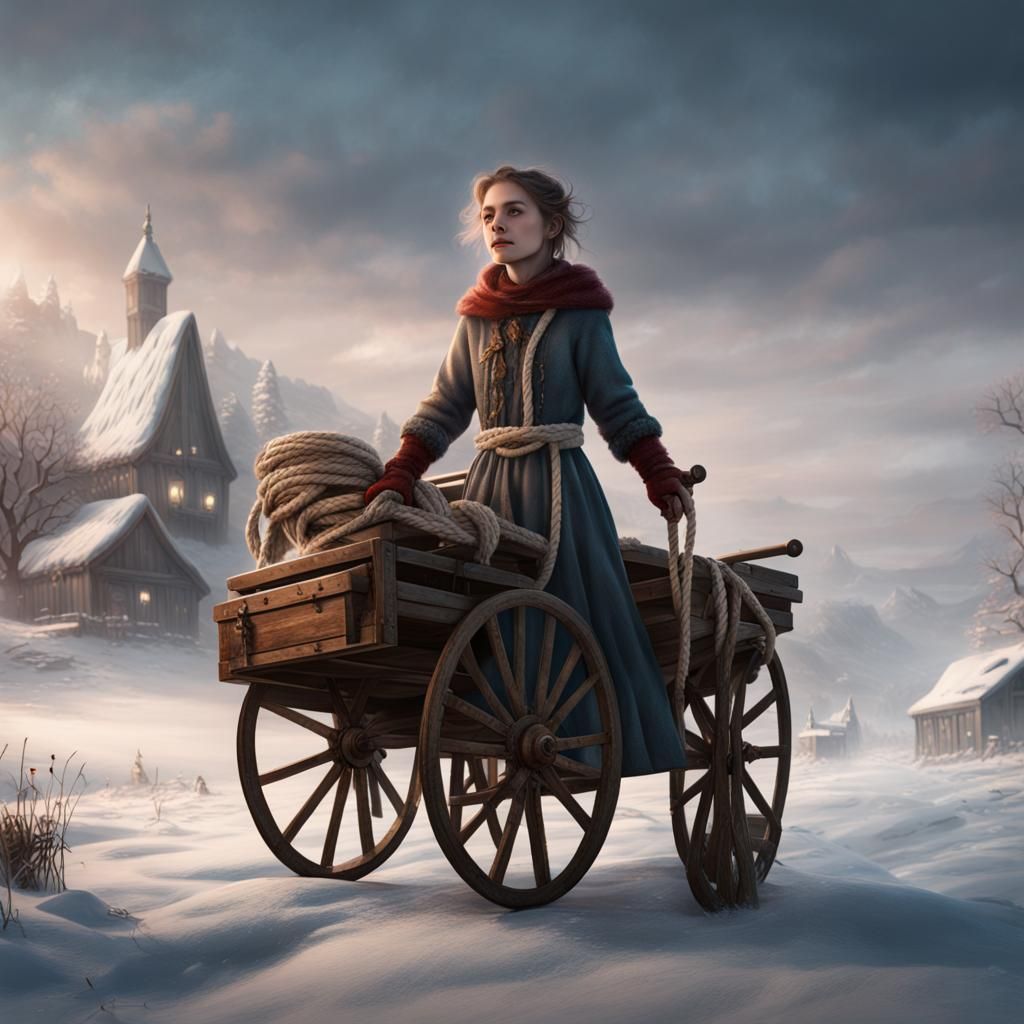 Blind Girl in Snowy Landscape, Detailed Matte Painting
