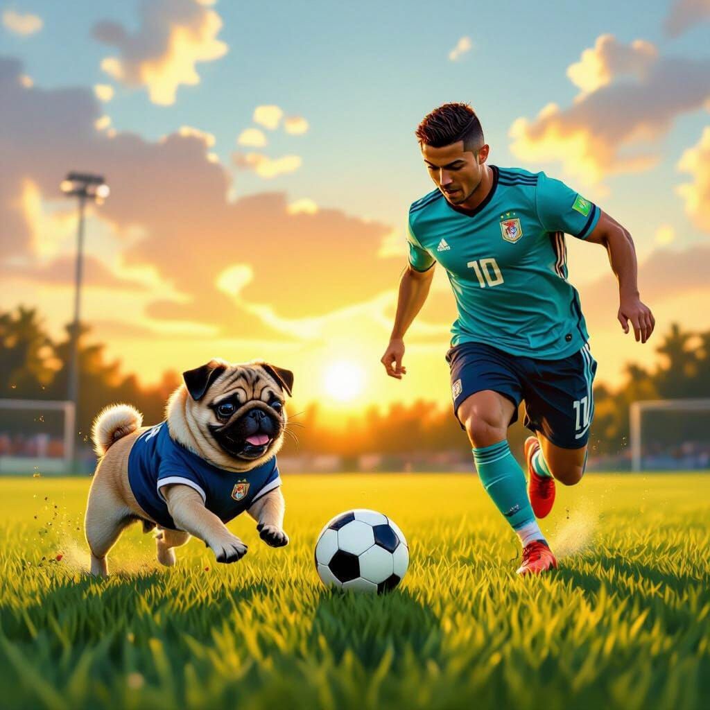 Cute Pug Plays Soccer With Cristiano Ronaldo at Sunset