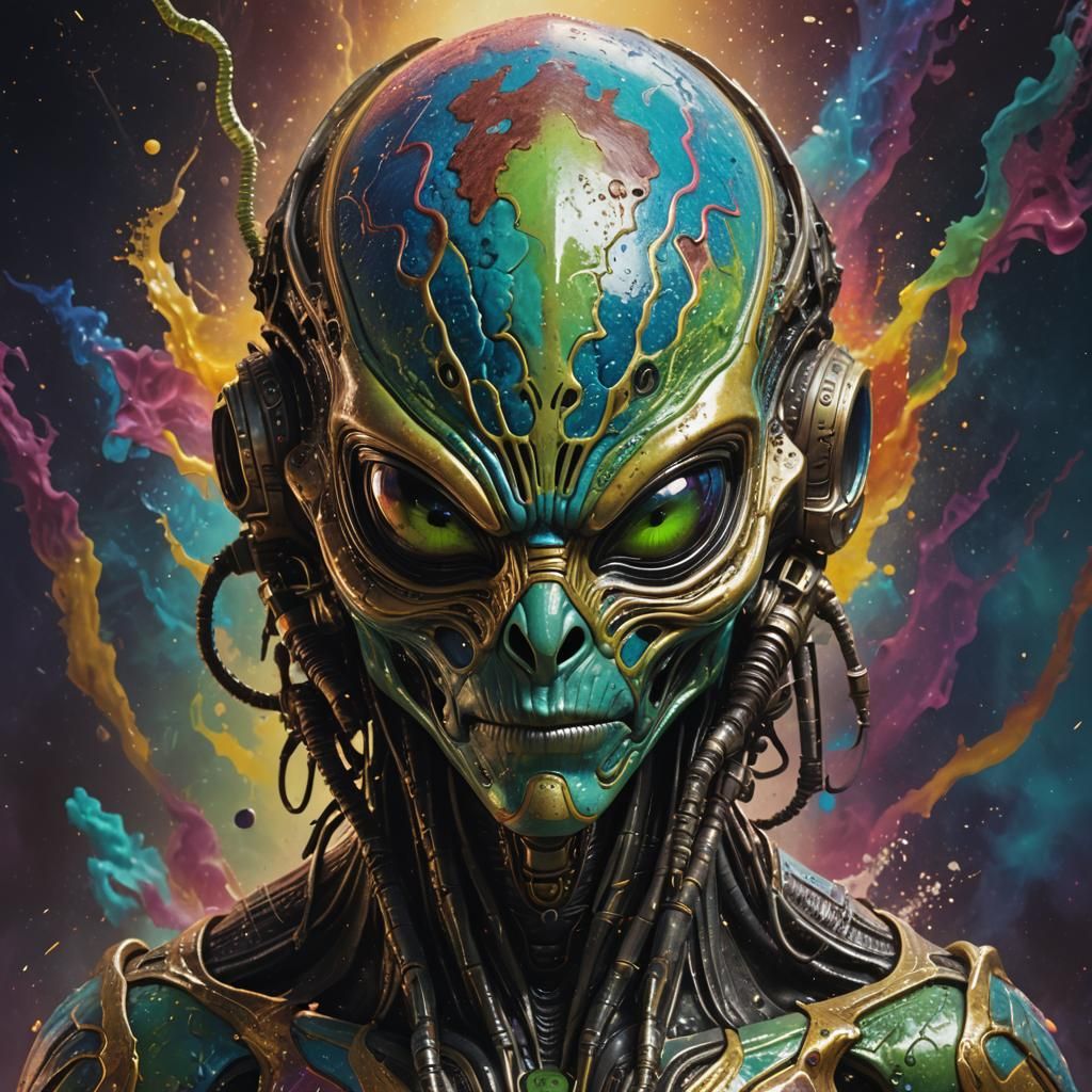Detailed Alien Mask in Hyperrealistic Splash Art