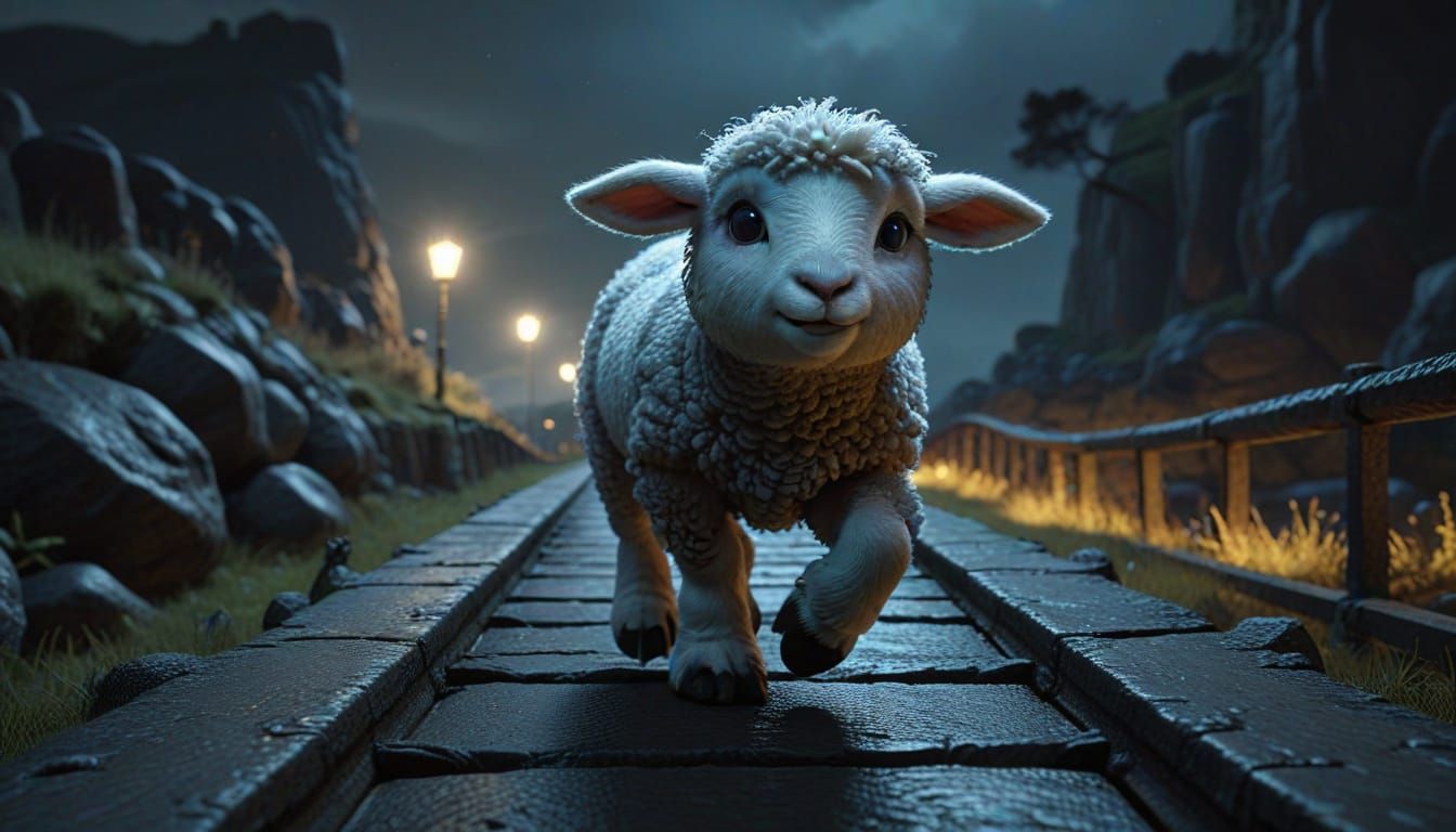 Scared Lamb Crossing Troll Bridge at Night