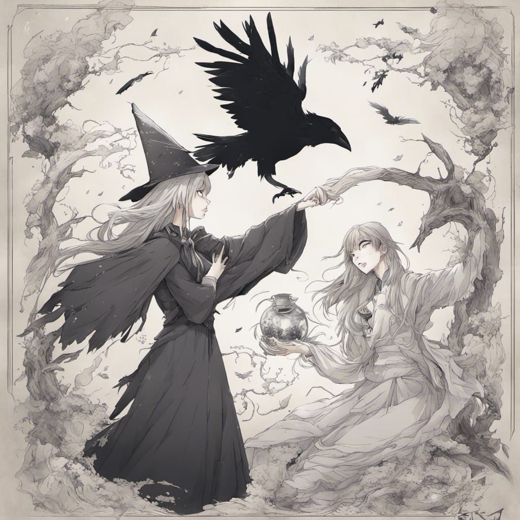 Raven and Witch Spellcasting: Anime-Inspired Illustration