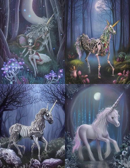 Quartz Crystal Unicorn Skeleton in Enchanted Forest