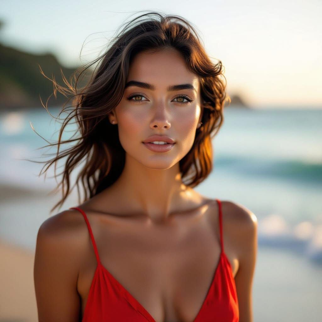 Hyperrealistic Woman in Red Sundress at Golden Hour Beach