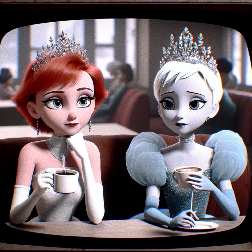 Princesses in a Vintage Cafe, as Seen on a CRT Television