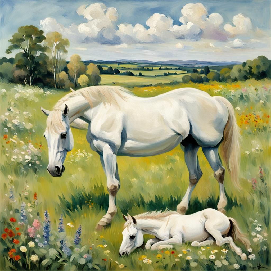 White Horse and Foal in Impressionistic Field