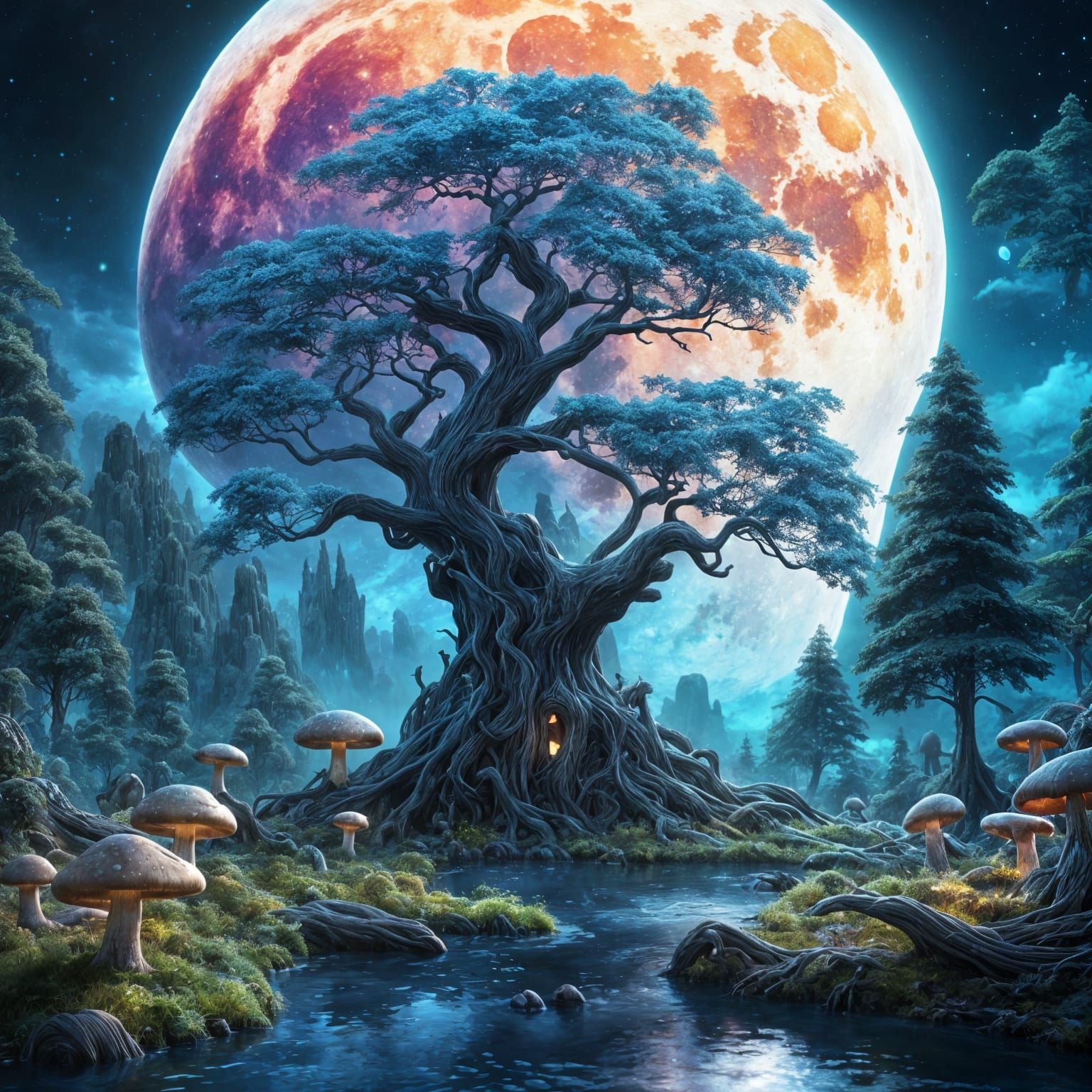 Enchanted Moonscape with Fairies and Herons