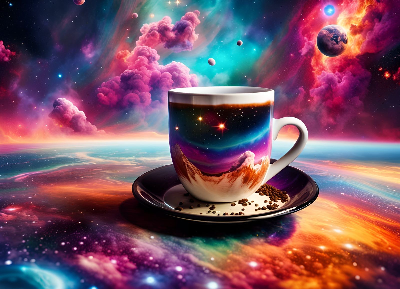 Vibrant Space Coffee Shop in Exploding Nebula