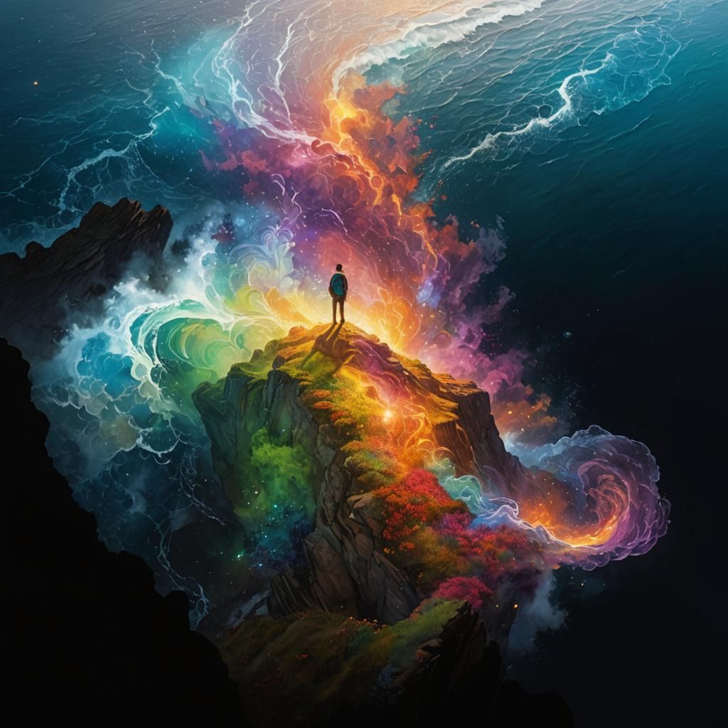 Hyperrealistic Man at Cliff Edge with Cosmic Ocean