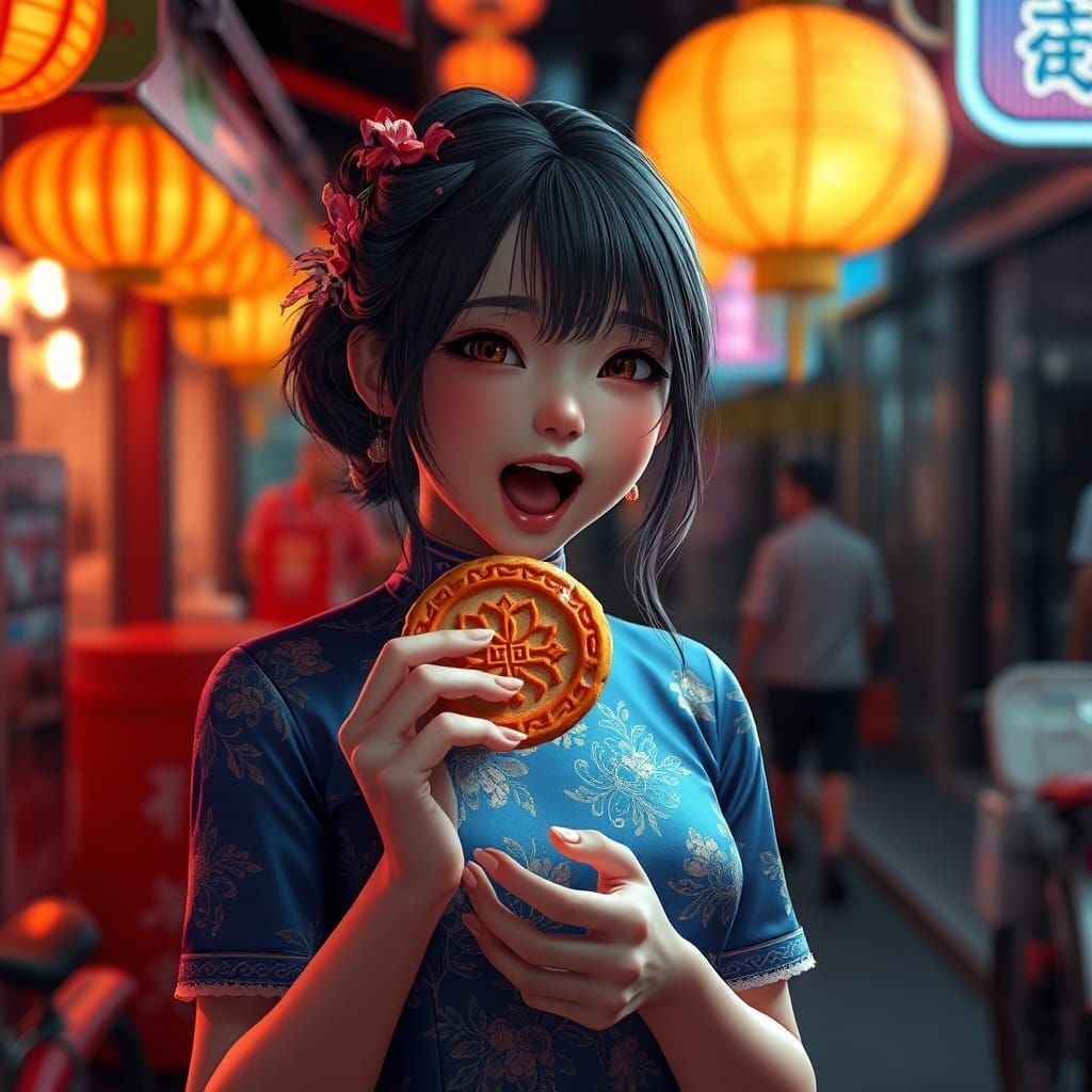 Girl in Cheongsam Eating Mooncake: 3D Anime Art