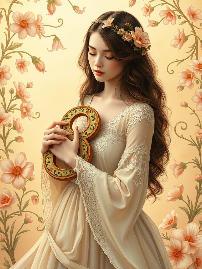 Serene Lady Holds Art Nouveau-Inspired Wooden Number 8