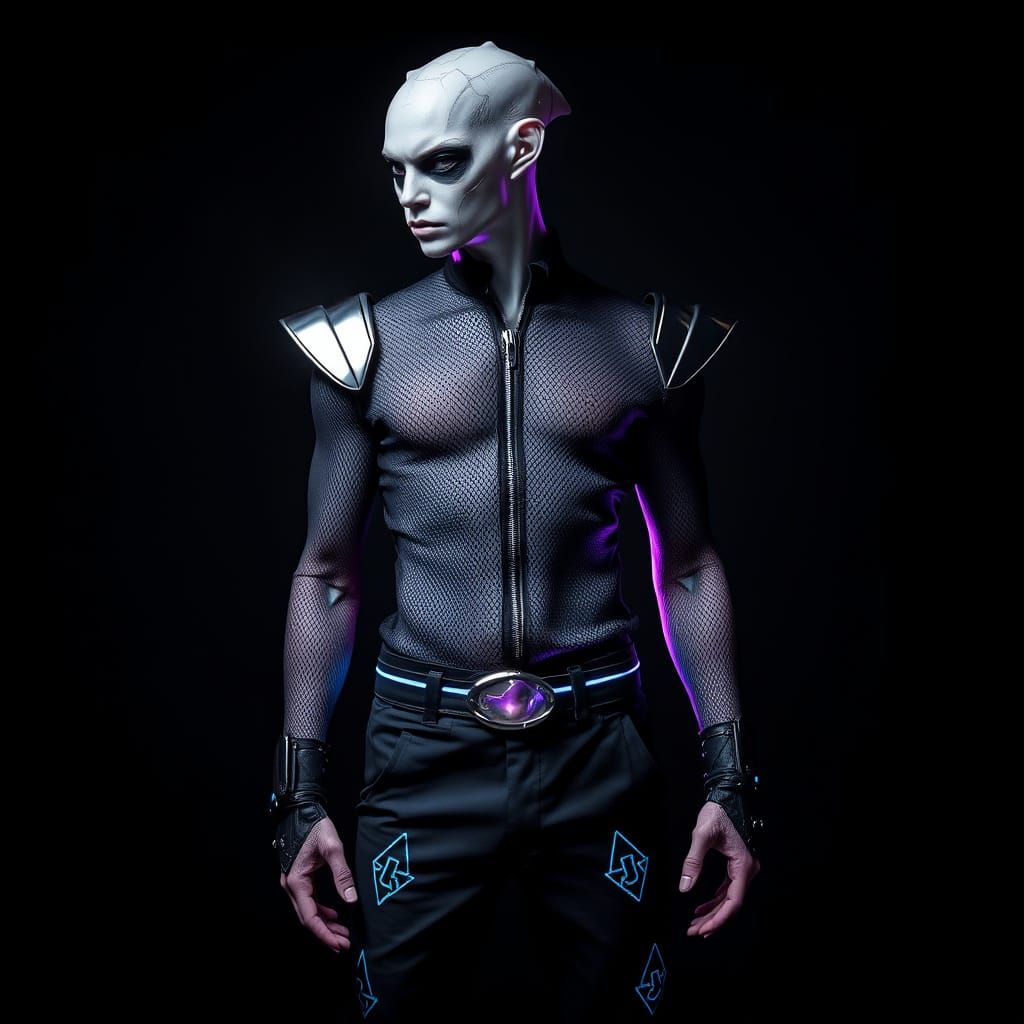 Alien in Cyberpunk Techwear with Glowing Accents
