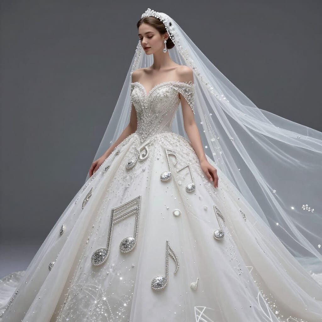 Elegant Wedding Dress Adorned with Musical Notes