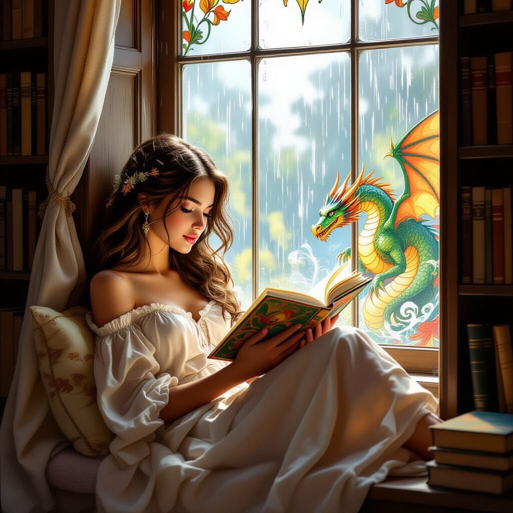 Woman Reading by Rainy Window, Fantastical Book Scene