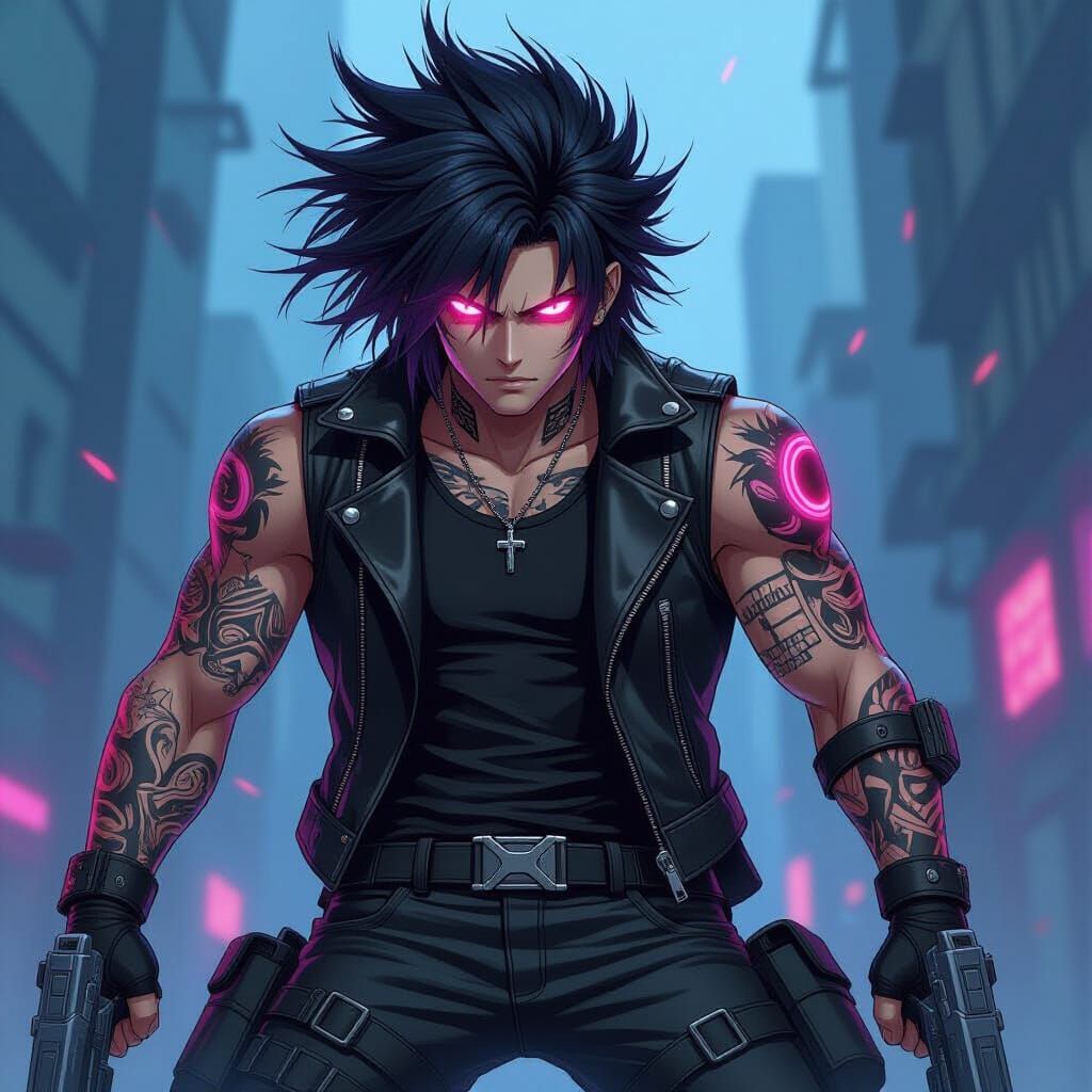 Cyberpunk Anime Warrior with Plasma SMGs