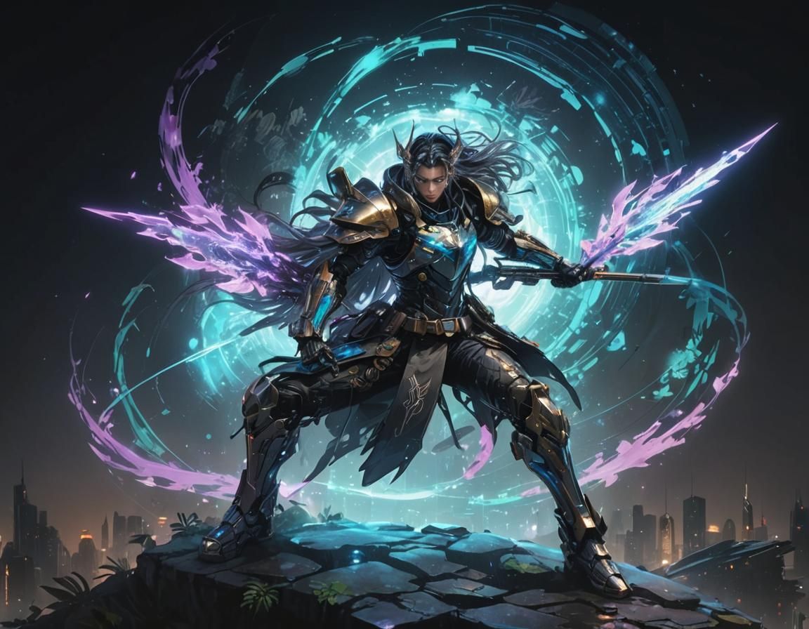 Androgynous Cyberpunk Warrior in Anime Style