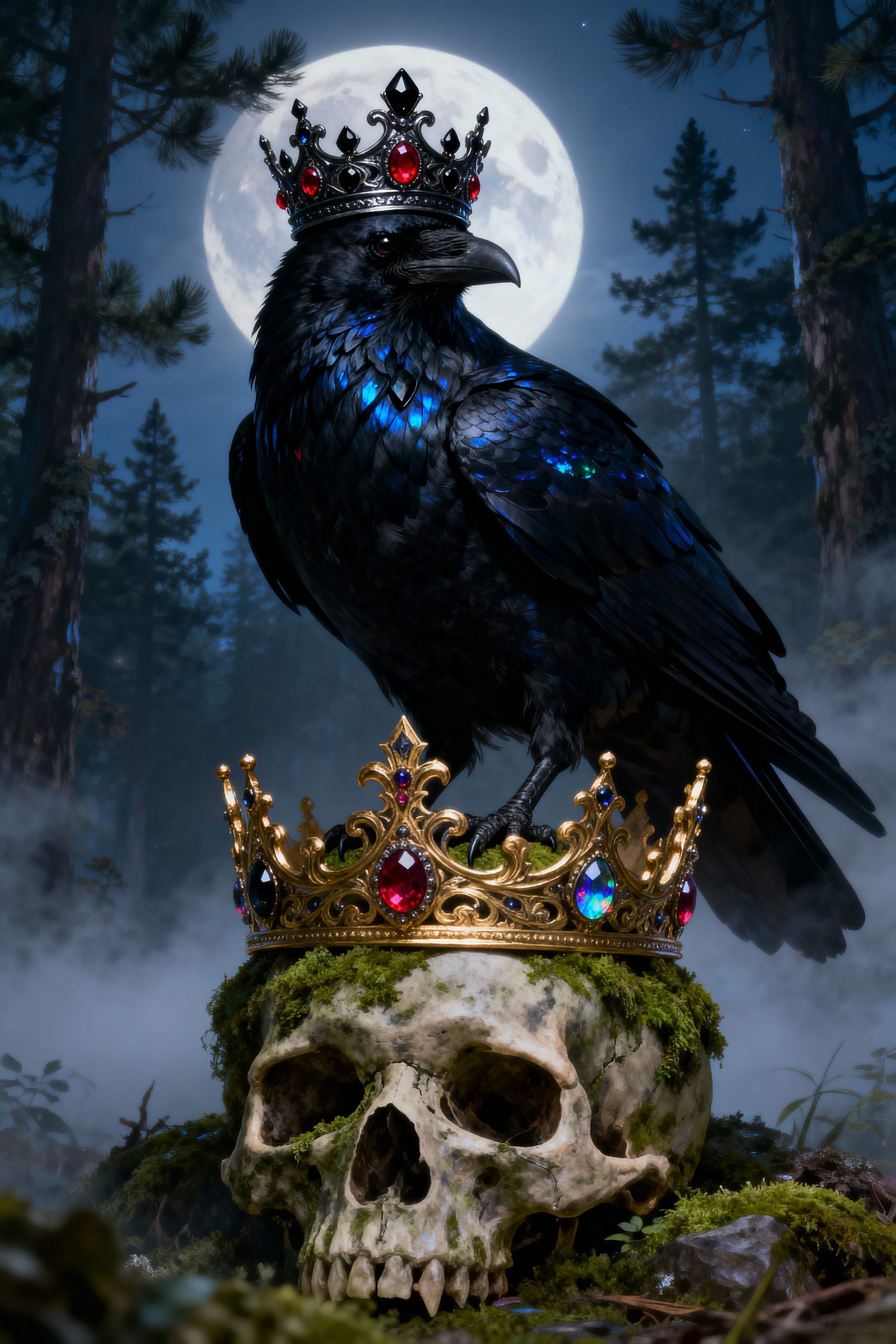 Raven King on Crowned Skull in Moonlit Forest