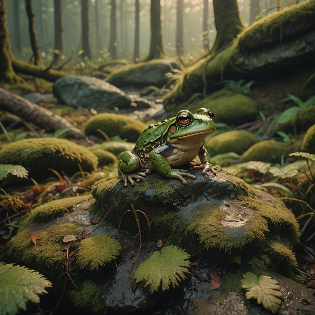 Cute Frog in Misty Forest: Oil Painting Style