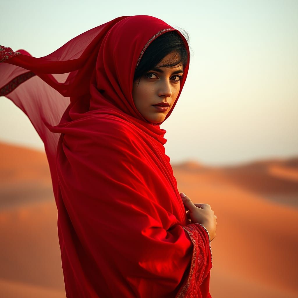 Iranian Woman in Red Abaya, Hyper-realistic Portrait